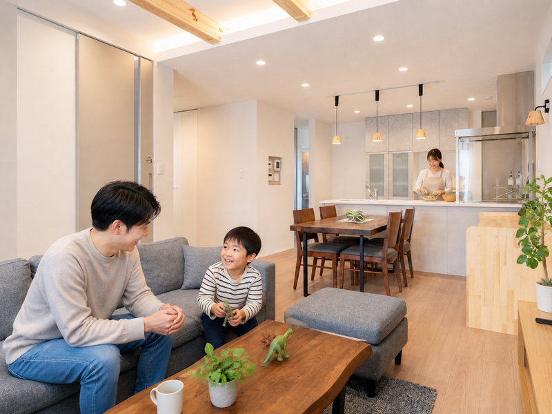 家族がリビングでくつろぐ様子